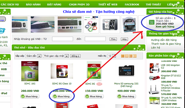Nút giỏ hàng nên đặt phía trên, góc phải trang web