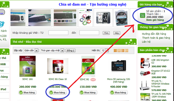Người dùng mua sắm ngay trên web nhờ tính năng giỏ hàng