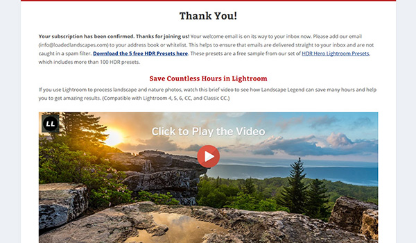 Blog nhiếp ảnh Loaded Landscapes cung cấp tải xuống miễn phí 5 cài đặt Lightroom cho những ai đăng ký email thay cho lời cảm ơn
